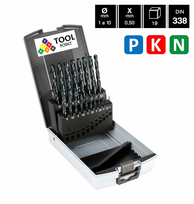 Set in a case, HSS Drill, Tip of 118º, Helix at 30º, DIN338N (1.0mm - 10.0mm x0.5mm )(19pcs)