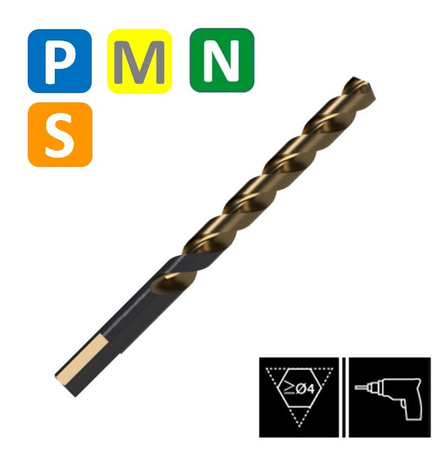 HSSCo Drill , Tip of 135º, Helix at 40º, Short series, Three-plane handle DIN 338W (1.0mm - 13.0mm)