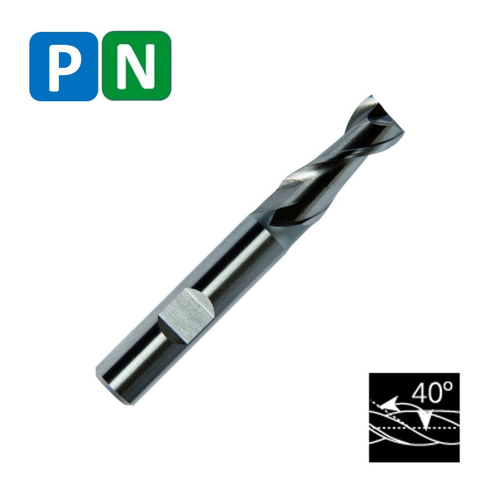 HSSE Cobalt 2 Flute End Mill, Helix at 40º, Short Series, W (2mm - 20mm)