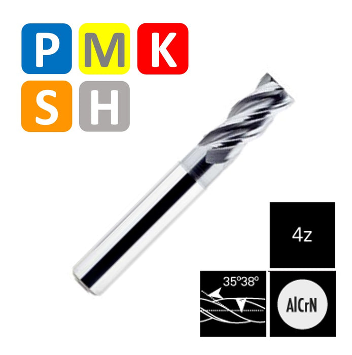 Solid Carbide 4 Flute End Mill, Progressive Helix at 30º-38º, Long Series, AlCrN coating (3mm - 20mm)