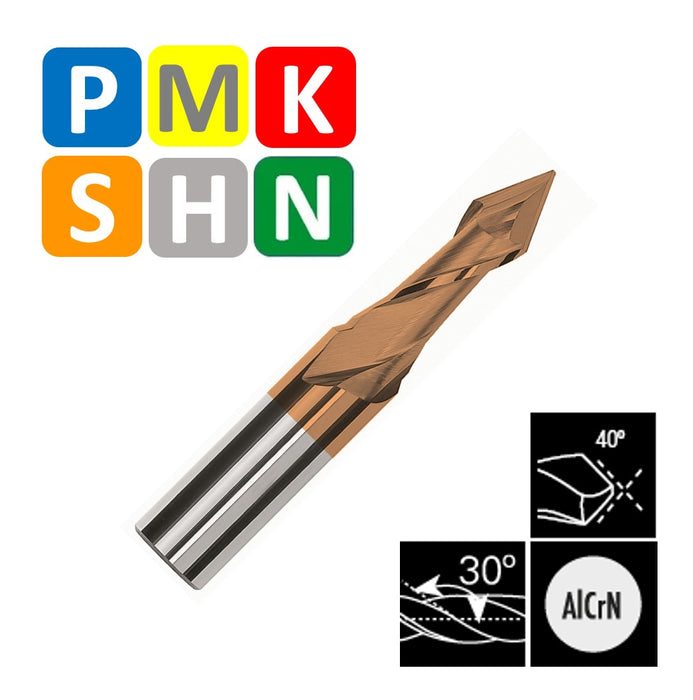 Solid Carbide 2 Flute End Mill, Helix at 30º, Tip of 40º (3mm - 12mm)
