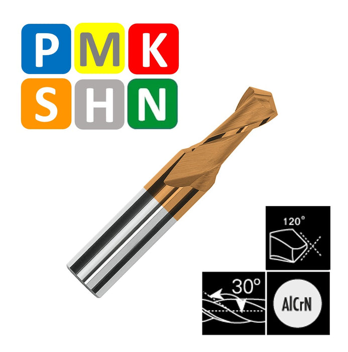 Solid Carbide 2 Flute End Mill, Helix at 30º, Tip of 120º (4mm - 12mm)
