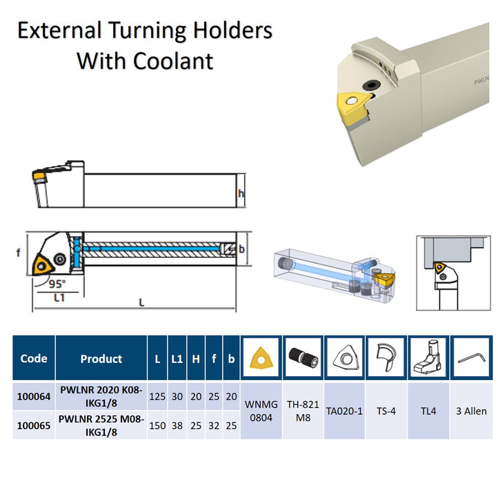 External Turning Holder  With Coolant 95° PWLNR 08 For Inserts WN..