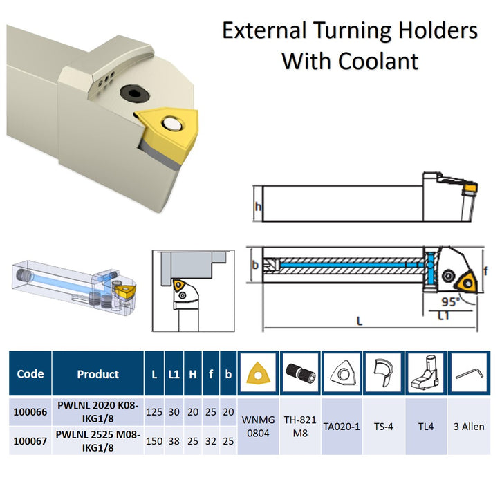 External Turning Holder  With Coolant 95° PWLNL 08 For Inserts WN..