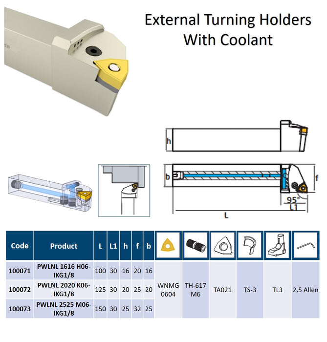 External Turning Holder  With Coolant 95° PWLNL 06 For Inserts WN..