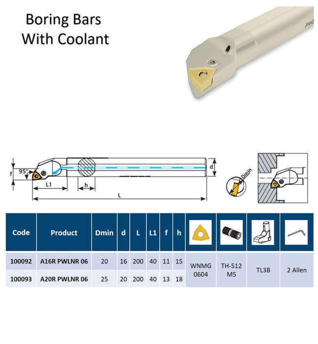 Boring Bars With Coolant 95° PWLNR 06 For Inserts WN..