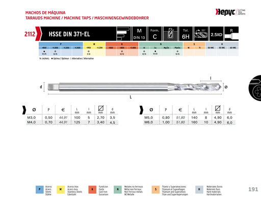 HEPYC 2112 spiral flute machine tap - manufacturer specifications