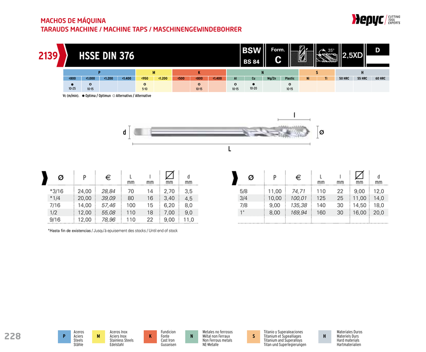 HEPYC 2139 spiral flute machine tap - manufacturer specifications