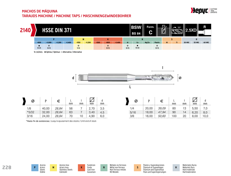 HEPYC 2140 spiral flute machine tap - manufacturer specifications