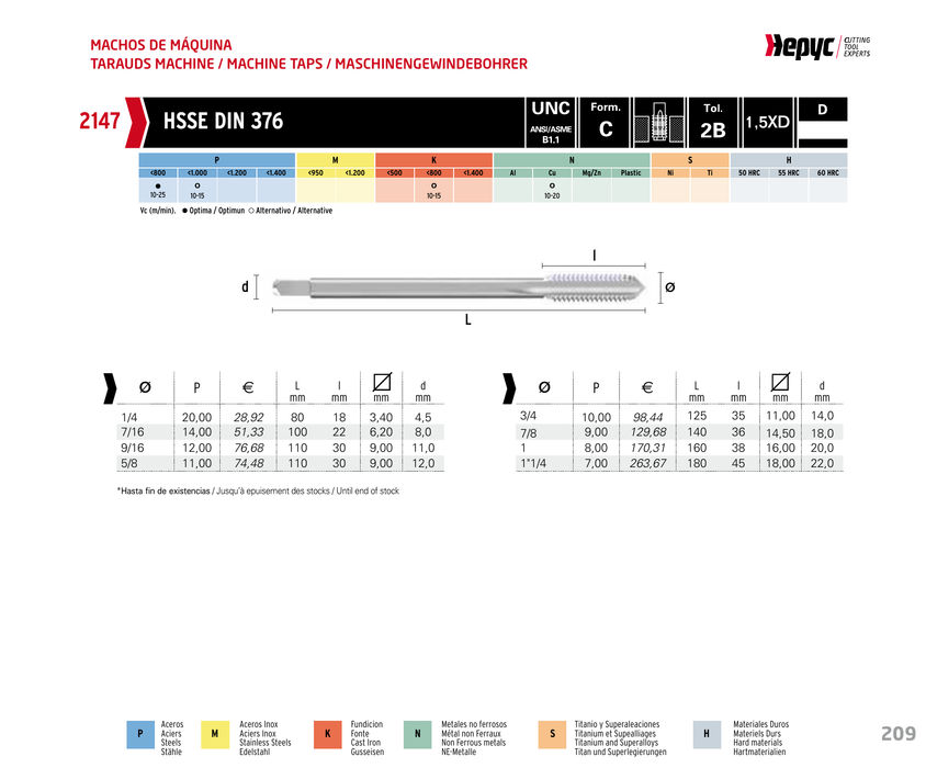 HEPYC 2147 straight flute machine tap - manufacturer specifications