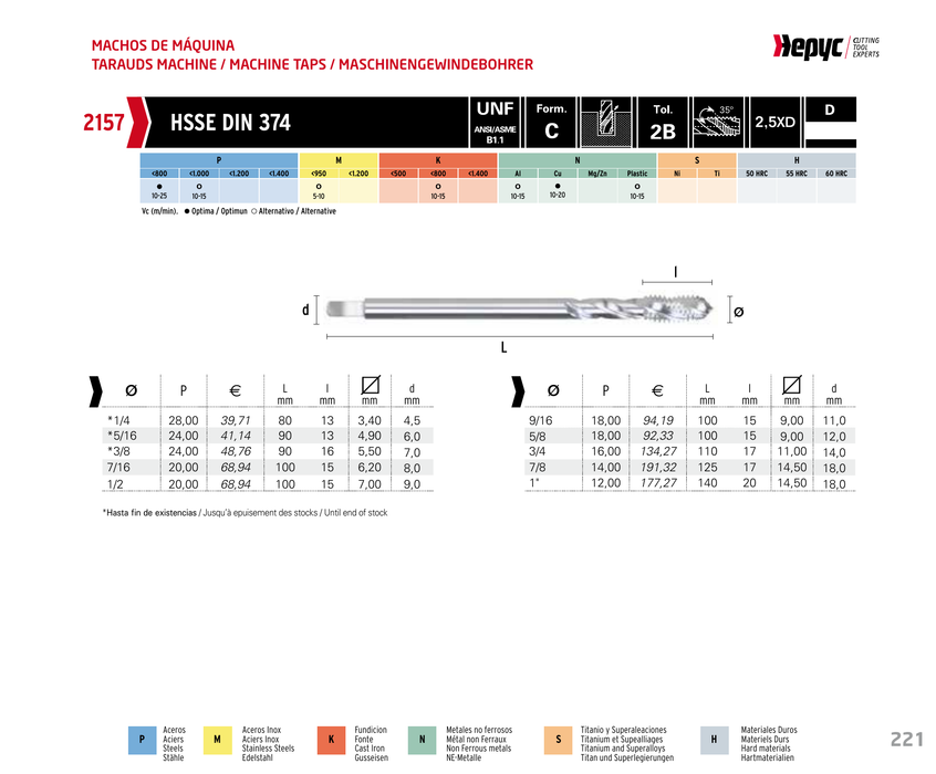 HEPYC 2157 spiral flute machine tap - manufacturer specifications