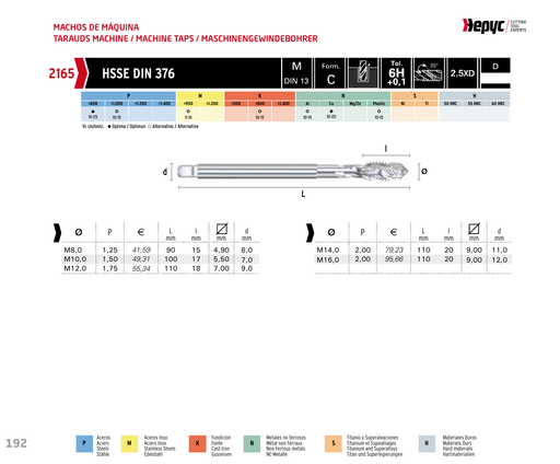 HEPYC 2165 spiral flute machine tap - manufacturer specifications
