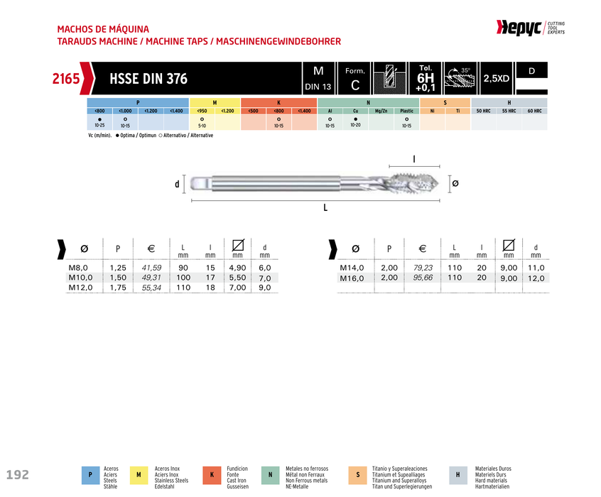 HEPYC 2165 spiral flute machine tap - manufacturer specifications