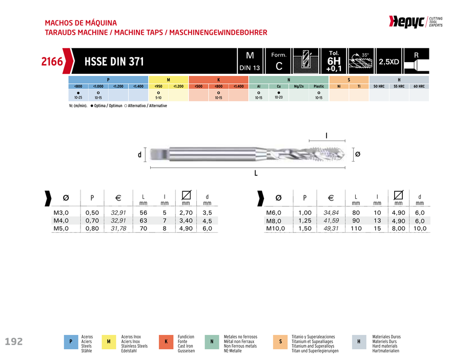 HEPYC 2166 spiral flute machine tap - manufacturer specifications