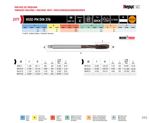 HEPYC 2177 spiral flute machine tap - manufacturer specifications