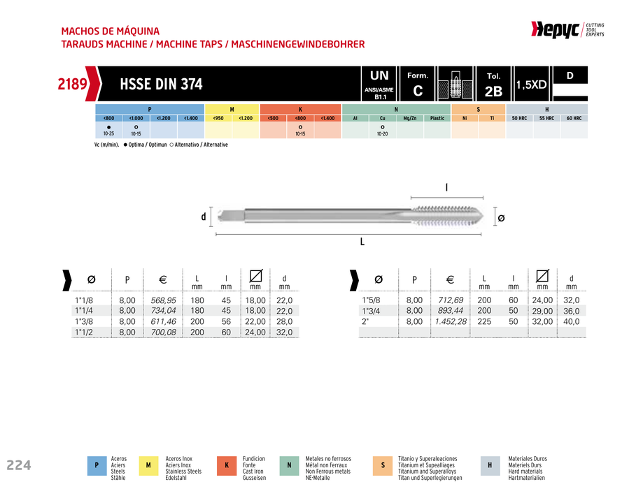 HEPYC 2189 straight flute machine tap - manufacturer specifications