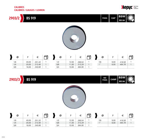 2903 BSW Thread Ring Gauge - manufacturer catalogue