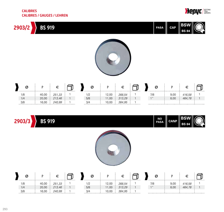 2903 BSW Thread Ring Gauge - manufacturer catalogue