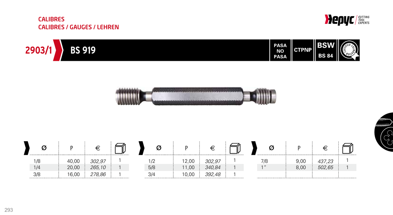 2903 BSW Thread Plug Gauge - manufacturer catalogue
