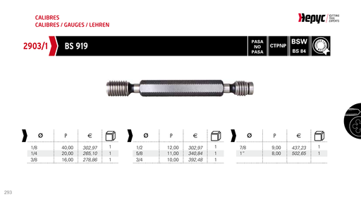 2903 BSW Thread Plug Gauge - manufacturer catalogue