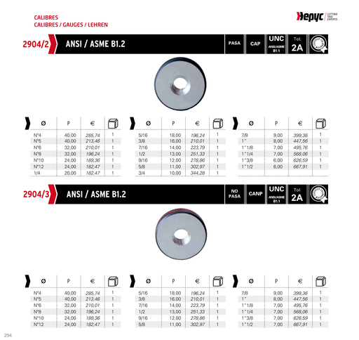 2904 UNC Thread Ring Gauge - manufacturer catalogue