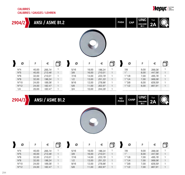2904 UNC Thread Ring Gauge - manufacturer catalogue