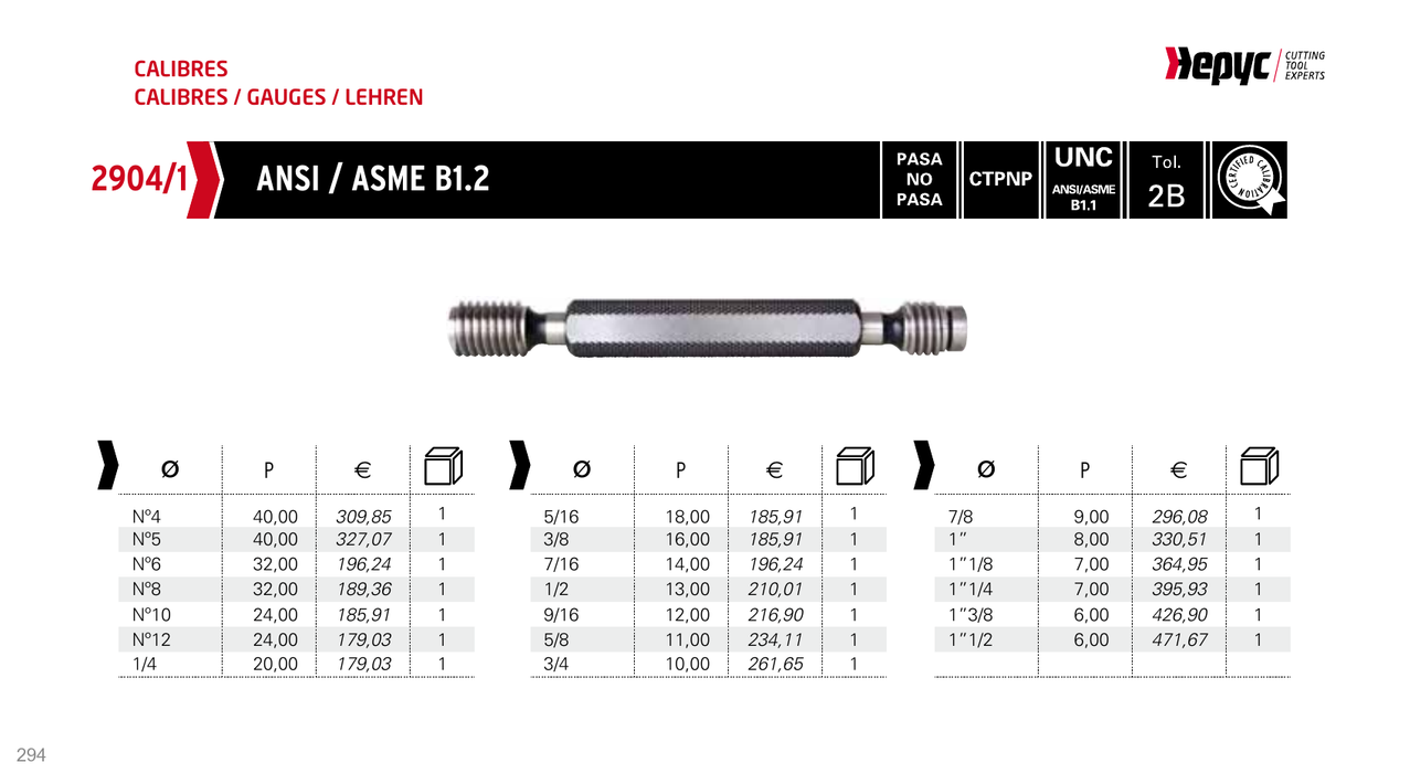 2904 UNC Thread Plug Gauge - manufacturer catalogue
