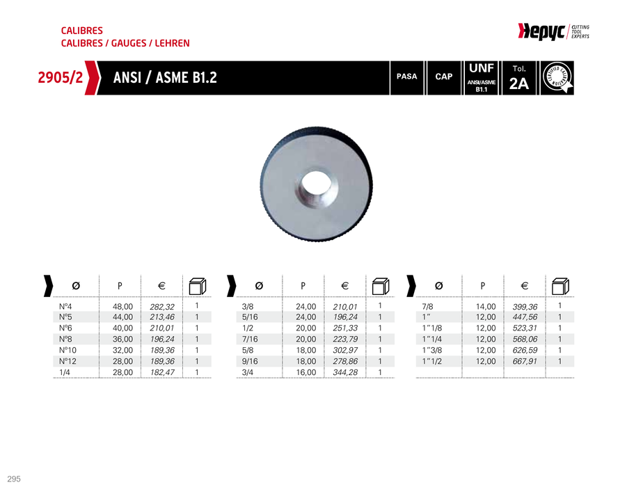 2905 UNF Thread Ring Gauge - manufacturer catalogue