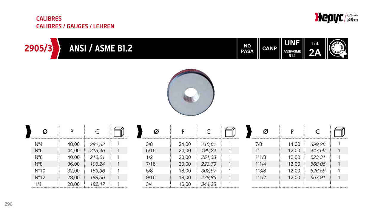 2905 UNF Thread Ring Gauge - manufacturer catalogue