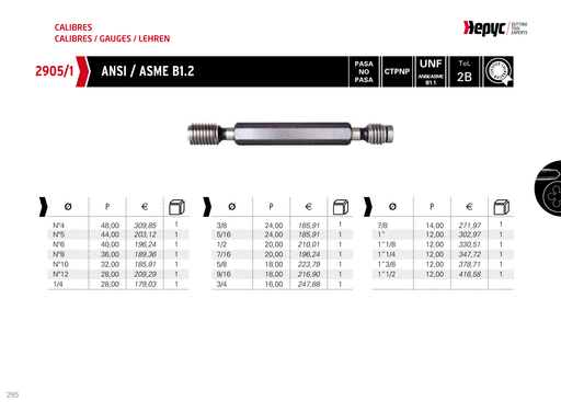 2905 UNF Thread Plug Gauge - manufacturer catalogue