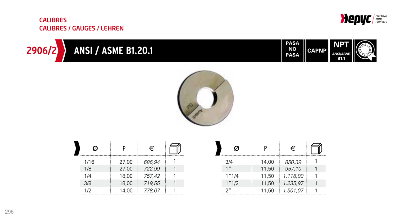 2906 NPT Thread Ring Gauge - manufacturer catalogue
