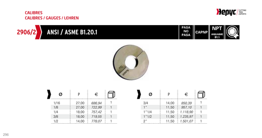 2906 NPT Thread Ring Gauge - manufacturer catalogue