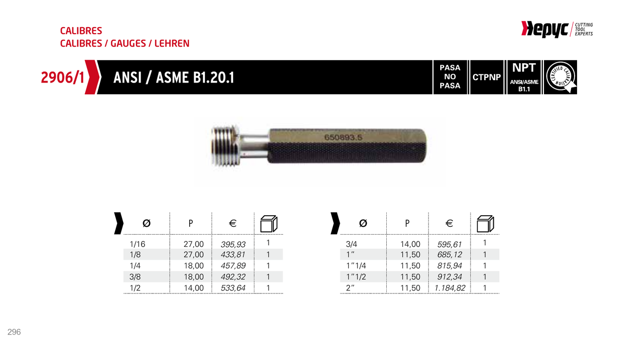 2906 NPT Thread Plug Gauge - manufacturer catalogue