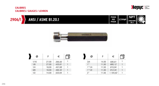 2906 NPT Thread Plug Gauge - manufacturer catalogue