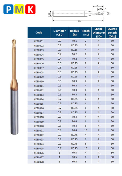 Solid Carbide 2 Flute Ball Nose End Mill with Extended Neck