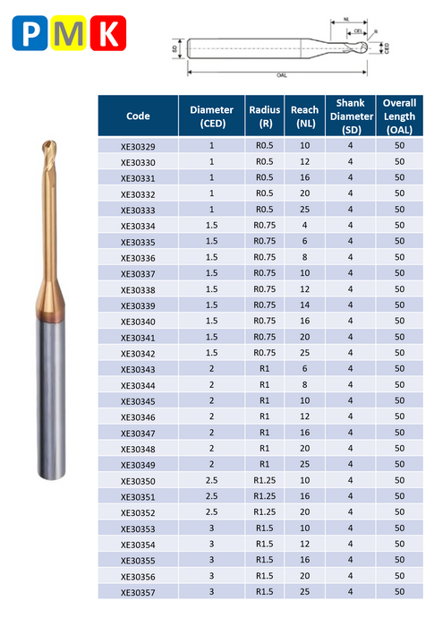 Solid Carbide 2 Flute Ball Nose End Mill with Extended Neck