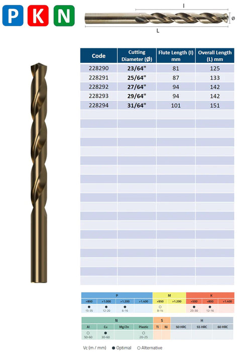 HSSCo Drill , Tip of 135º, Short series (1/16" - 1/2")