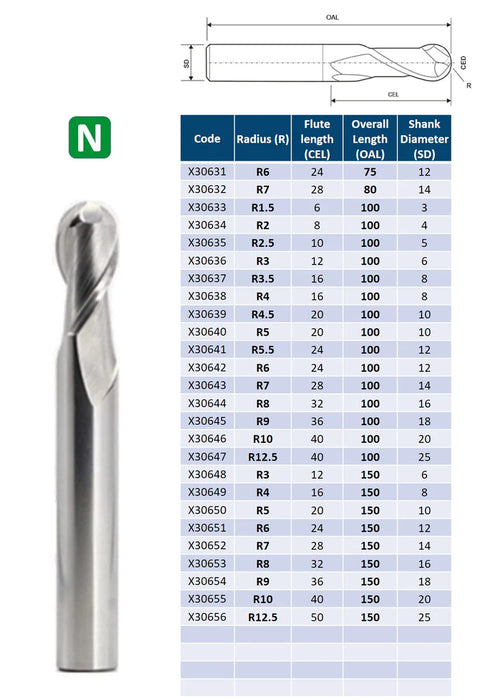 Solid Carbide 2 Flute Ball Nose Mill