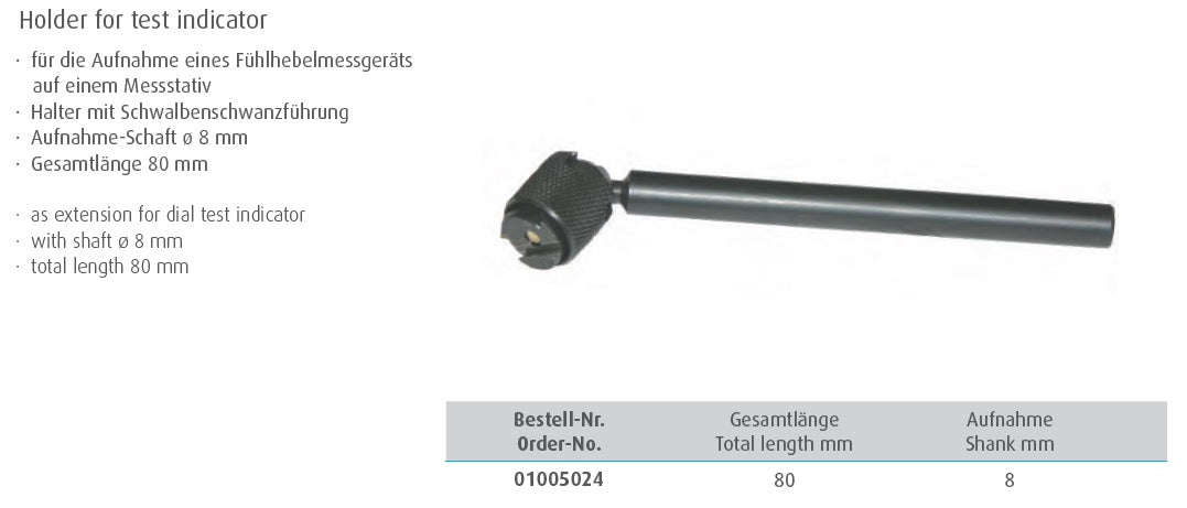 Holder for test indicator with shaft ø 8 mm (MIB Germany)
