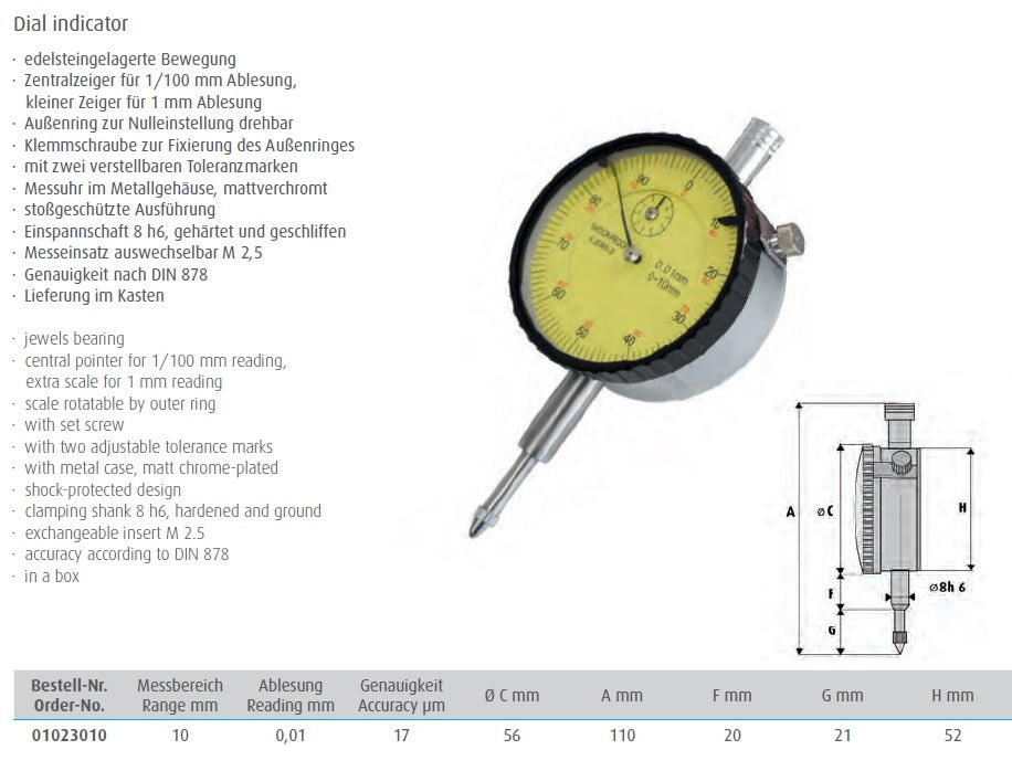 Dial indicator DIN 878, range 10 mm, special shock proof, reading 0.01 mm (MIB Germany)