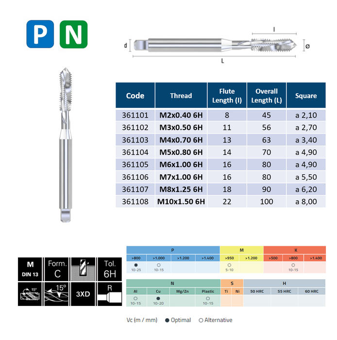 HSSE Cobalt Threading Tap, Tolerance Tolerance 6H, Reinforced shank, DIN371C (M3 - M10)