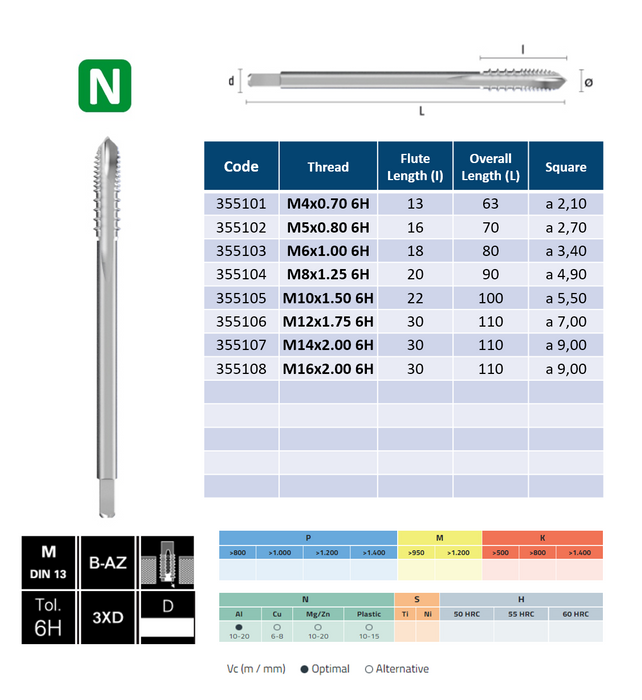 HSSE Cobalt Threading Tap, Tolerance 6H , Thin shank, DIN376B (M12 - M16)