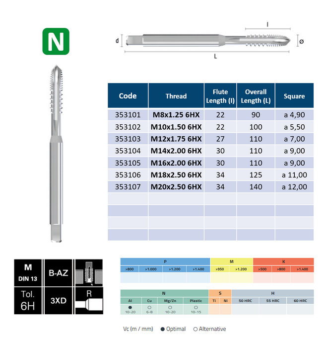 HSSE Cobalt Threading Tap, Tolerance 6H , Reinforced shank, DIN371B (M3 - M10)