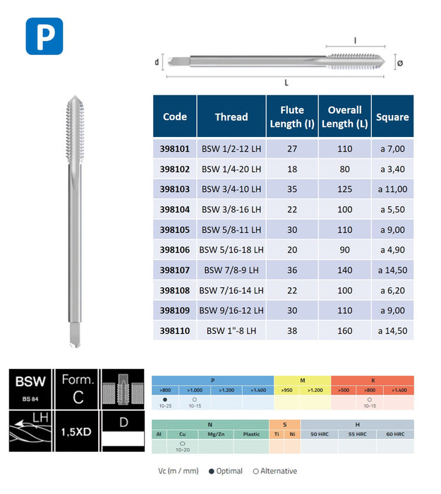 HSSE Cobalt Threading Tap,  Thin shank, DIN 376-C ,Left Hand ( BSW 1/2-12 - BSW 1-8 )