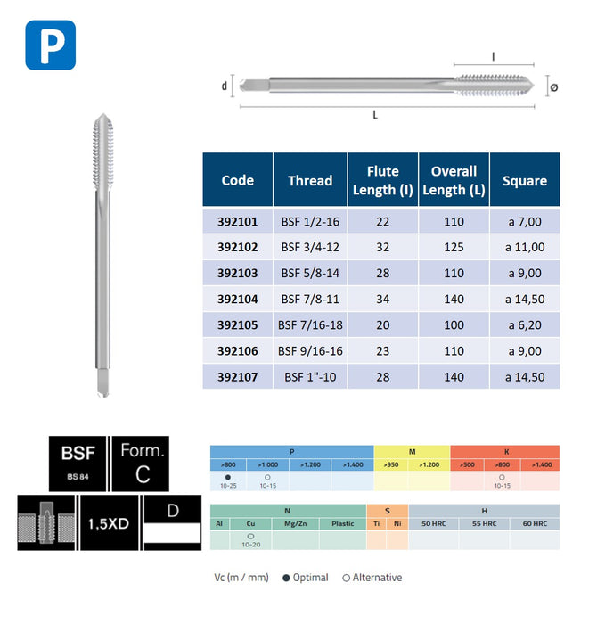 HSSE Cobalt Threading Tap, Thin shank, DIN 374-C ( BSF1/2-16 - BSF 1''-10 )