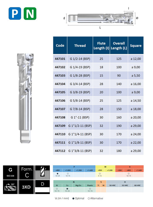 HSSE Cobalt,  Threading Tap, Thin shank, DIN 5156-C ( BSP 1/2-14 - BSP 1. 3/8-11 )