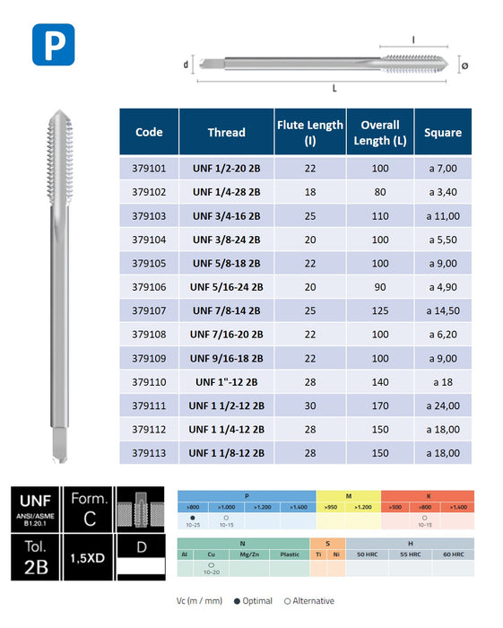 HSSE Cobalt Threading Tap, Tolerance 2B, Thin shank, DIN374C ( UNF 1/2-20 -UNF1 1/8-12)