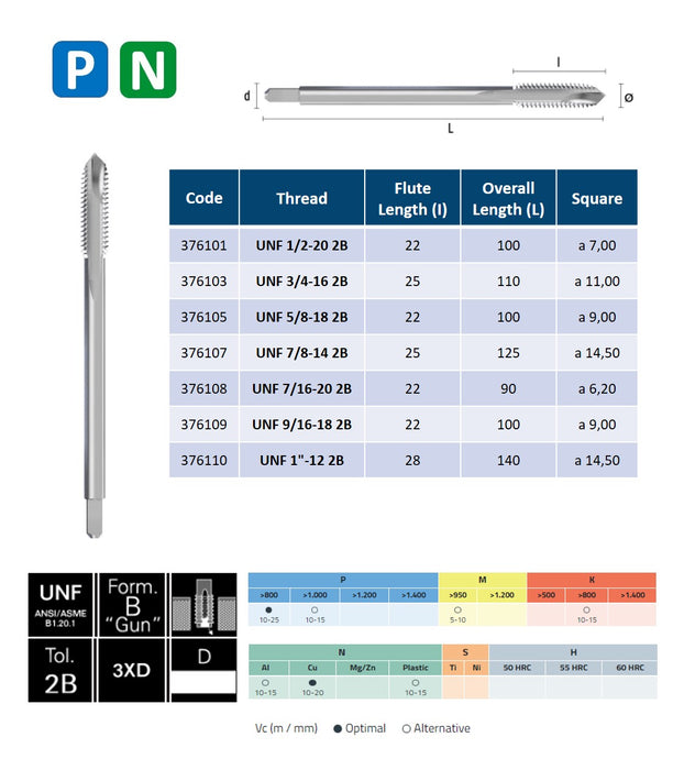 HSSE Cobalt Threading Tap, Tolerance 2B, Thin shank, DIN374B ( UNF 1/2-20 - UNF 1-12 )