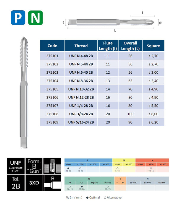 HSSE Cobalt Threading Tap, Tolerance 2B, Reinfoced shank, DIN371B ( UNF Nº4-48 - UNF 5/16-24 )