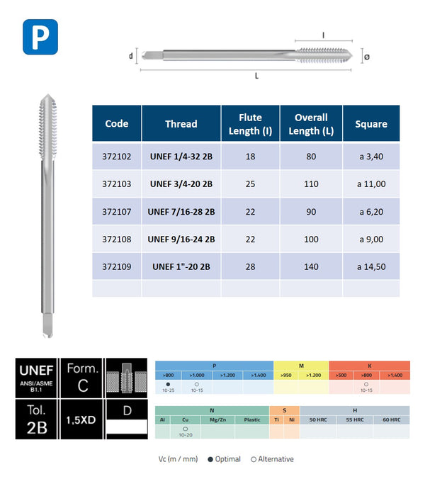 HSSE Cobalt Threading Tap, Tolerance 2B, Thin shank, DIN374C ( UNEF 1/2-28 - UNEF 1-20 )